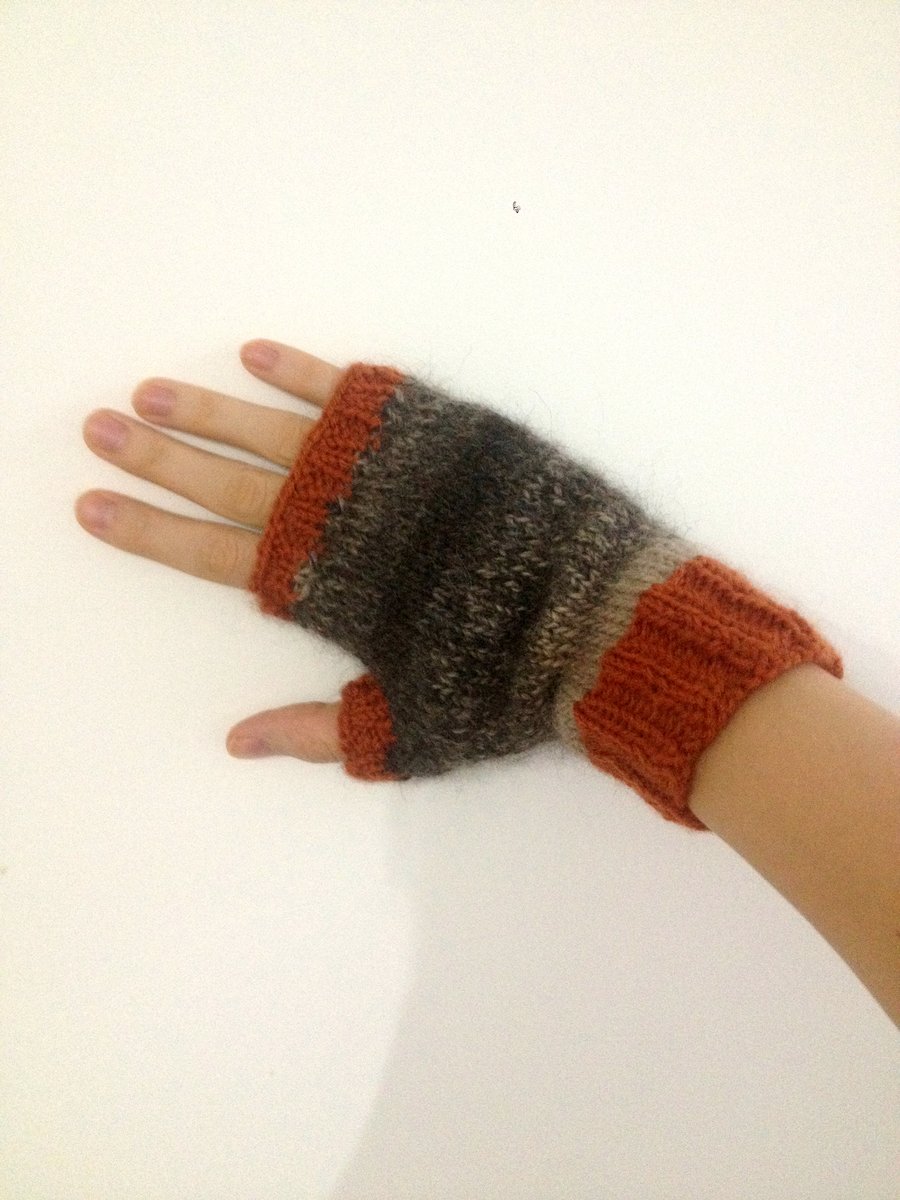 READY TO SHIP Luxury Alpaca Merino Fingerless Gloves Mittens Orange Brown Grey