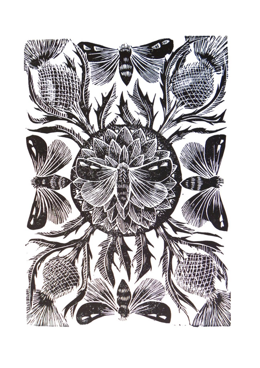  Moths and Thistles Original Lino Cut Print Black PRINT SALE
