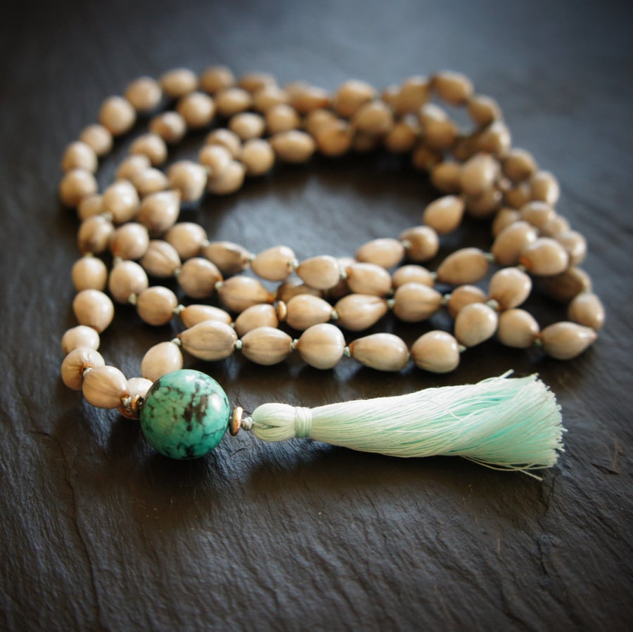 108 Tibetan Turquoise Mala,Yoga Necklace, Prayer Beads,Vaijayanti Seed