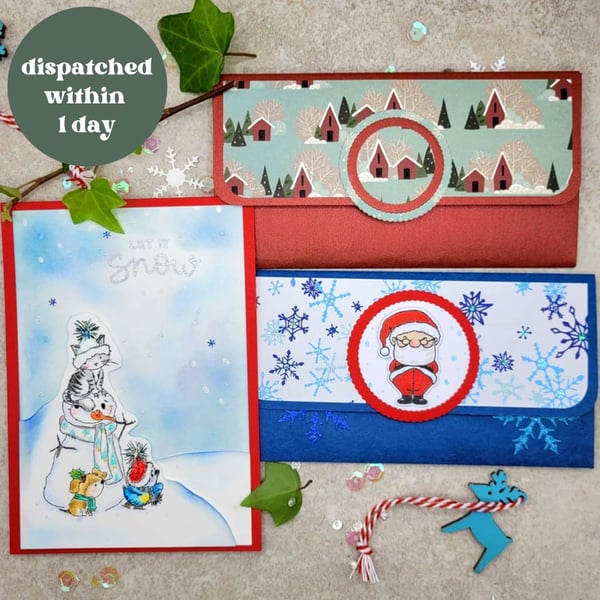 Christmas Gift Wallet and Card Set - cards gift wallets, handmade, santa snowman