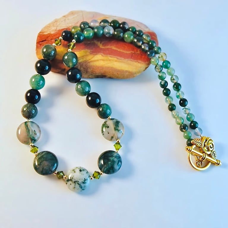 Moss Agate, Crystal & Gold Vermeil Necklace, Birthday, Anniversary, Gift For Her