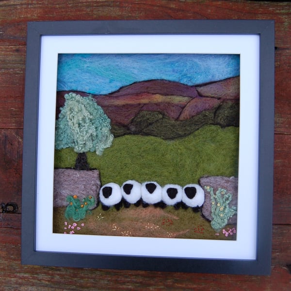 Five sheep stonewall wool painting.  Needlefelt picture with hand embroidery