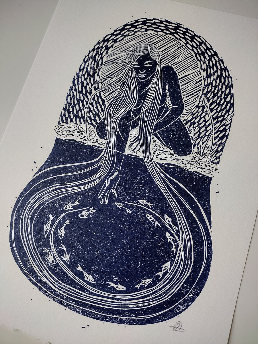 'Infinite flow' linocut art print in blue