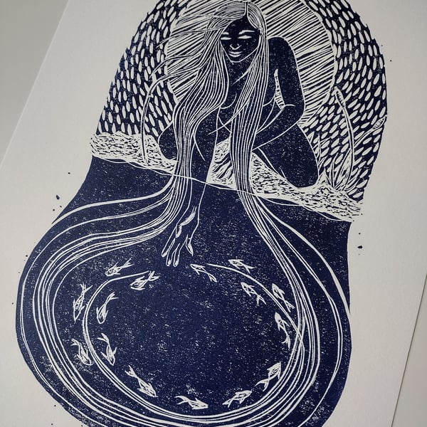 'Infinite flow' linocut art print in blue