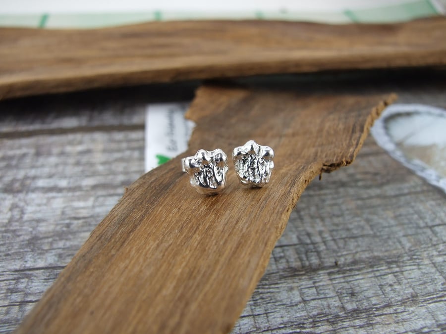 Sterling Silver Rabbit Footprint Stud Earrings, Textured Recycled Silver