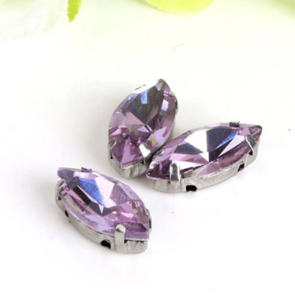 (S18S light purple) 50 Pcs, 7 x 15mm Sew On Crystal Horse Eye Beads, Glass Leaf 