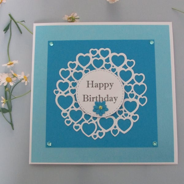 Happy Birthday Card Blue Pearlised & White - Hearts & Flowers, Die Cut 