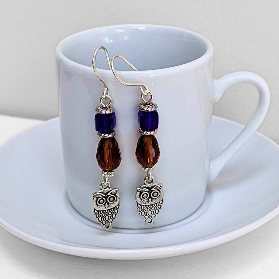 Owl Charm Drop Earrings, Halloween Dangle Earrings