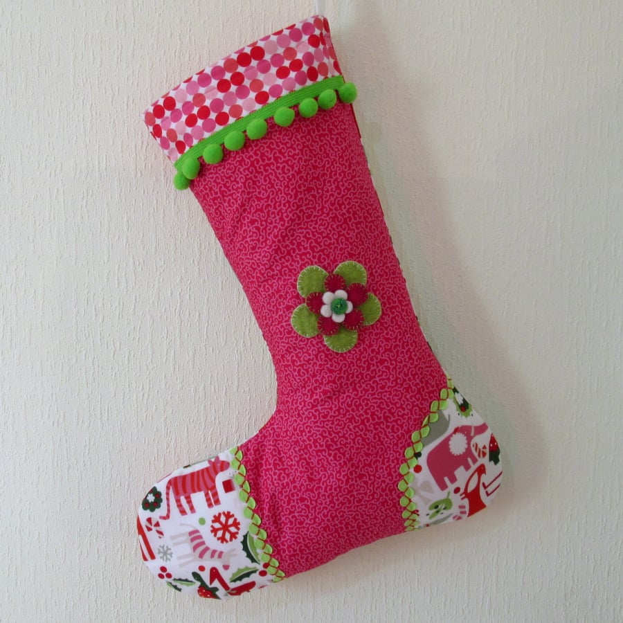 Christmas Stocking Luxury Quilted - Pink Zoo Flower Applique - Seconds Sunday