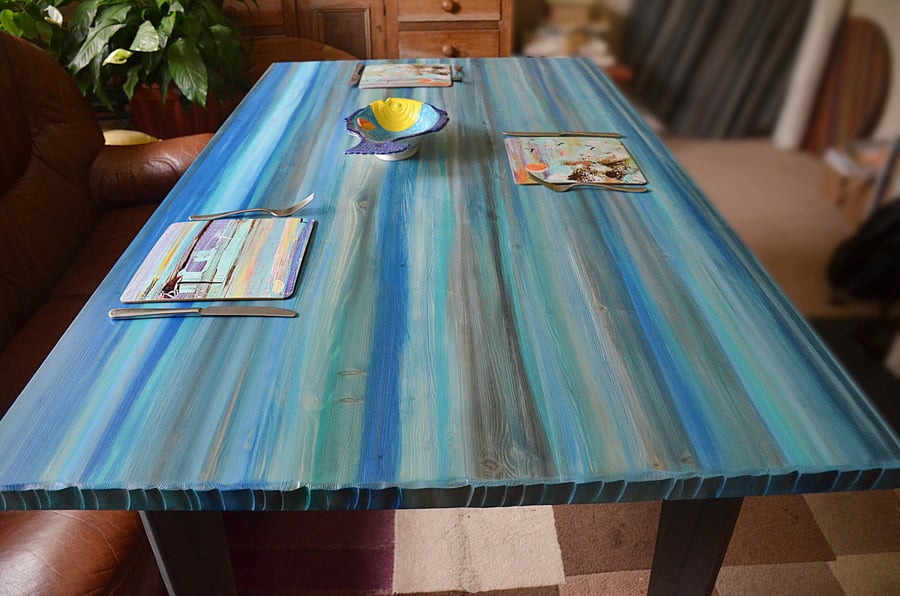 Rectangle Dining Table Hand Painted Unique Boat Wood Style Seabreeze Colours 