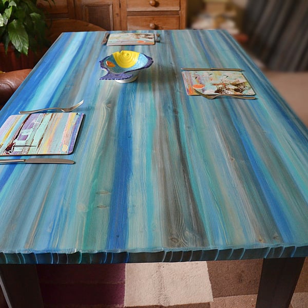Rectangle Dining Table Hand Painted Unique Boat Wood Style Seabreeze Colours 