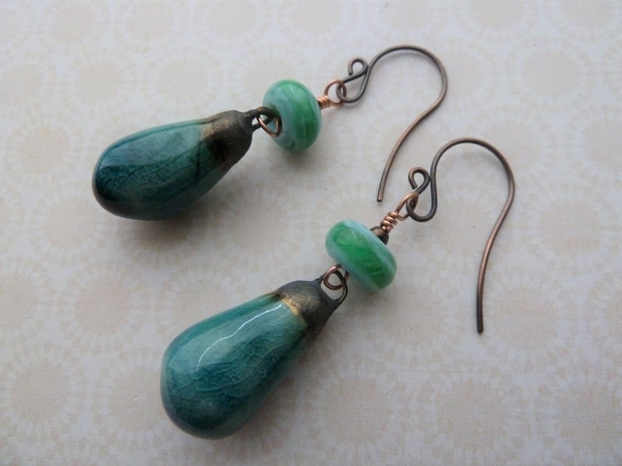 handmade lampwork, copper and ceramic earrings green