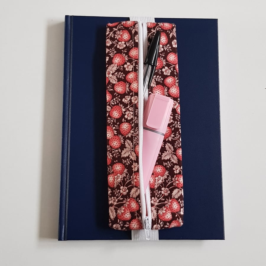 Image of Handmade A5 Planner Zipper Pouch - Strawberry Print Pen Holder