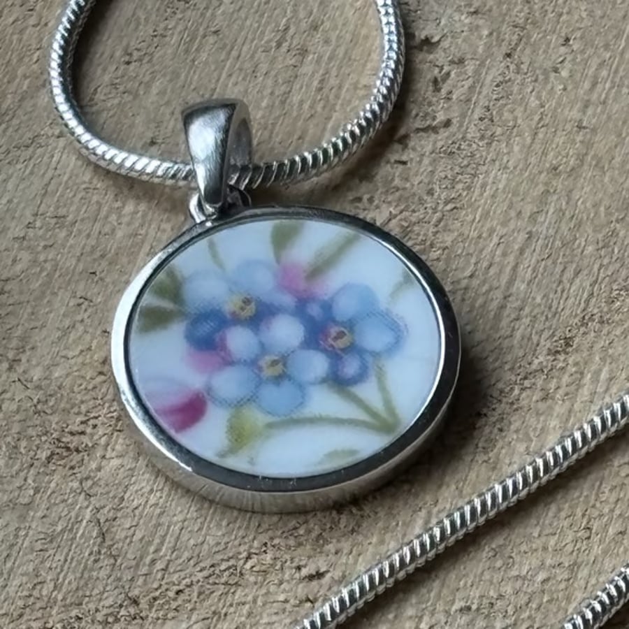 Handmade Necklace, Unique, Eco Friendly, Sterling Silver, Forget me not.
