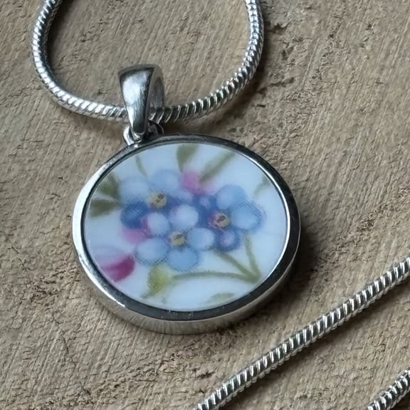 Handmade Necklace, Unique, Eco Friendly, Sterling Silver, Forget me not.