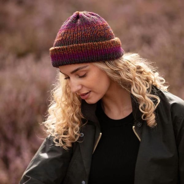 Pheonix fisherman beanie hat, purple and orange, one size fits all, acrylic yarn