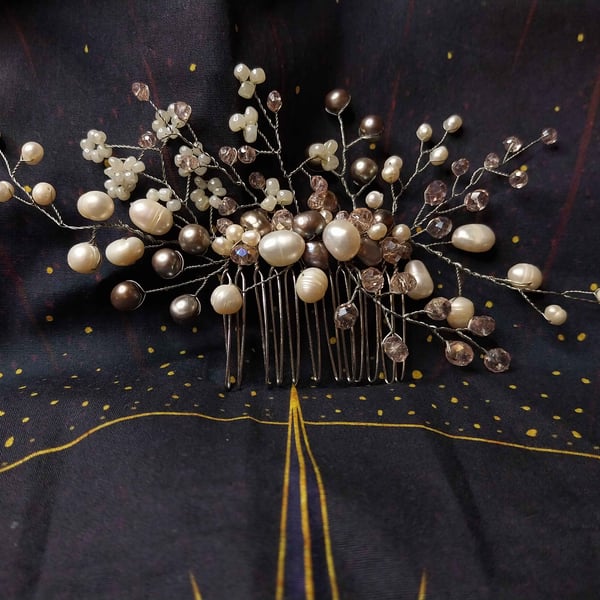 Bridal pearl hair comb, Grey and ivory pearl comb