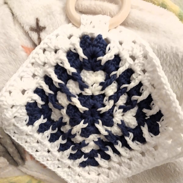 Interwoven Indigo and White Lovey, Security Blanket, Wooden Teething, 7.5 inch