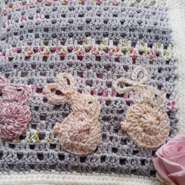 Handmade Crochet Baby Blanket with Bunny Applique - Pastel Pram Blanket 