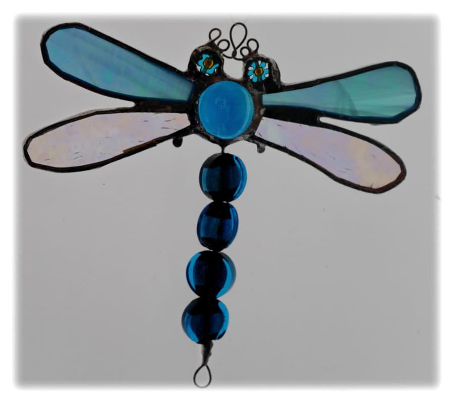 Dragonfly Suncatcher Stained Glass Aqua Bead-Tailed 026