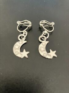 clip on earrings with moon stars  tibetan silver charm