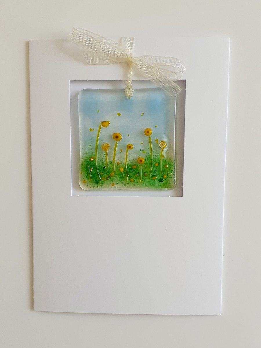 Fused glass 2 in 1 blank greeting card and keepsake decoration, sunflowers 2