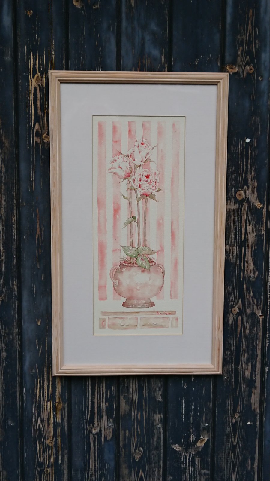 Pink rosebuds in a shabby chic pot original watercolour painting