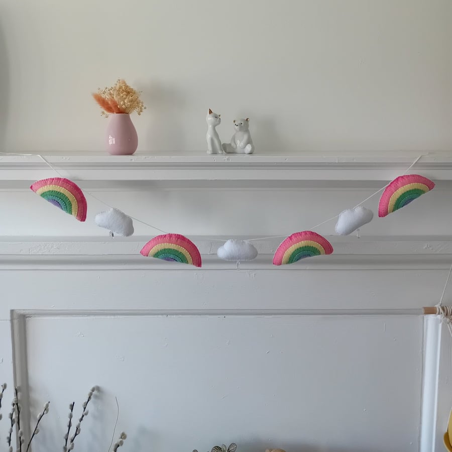 Hand Sewn Garland of Rainbows and Clouds with Bead Raindrops