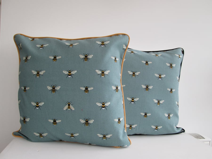 Sophie Allport Teal Bees  Cushion Cover with Mustard  Piping