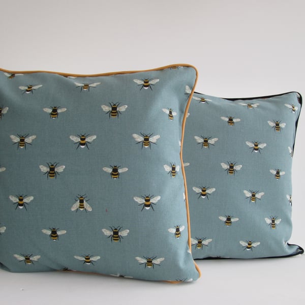 Sophie Allport Teal Bees  Cushion Cover with Mustard  Piping
