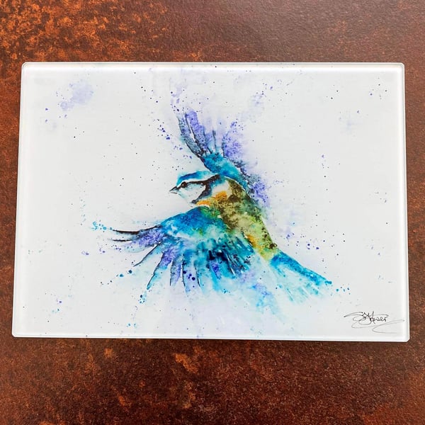 Bluetit Glass Placemat, Wildlife Design Table Mat, Glass Trivet, Hot Plate, Wate