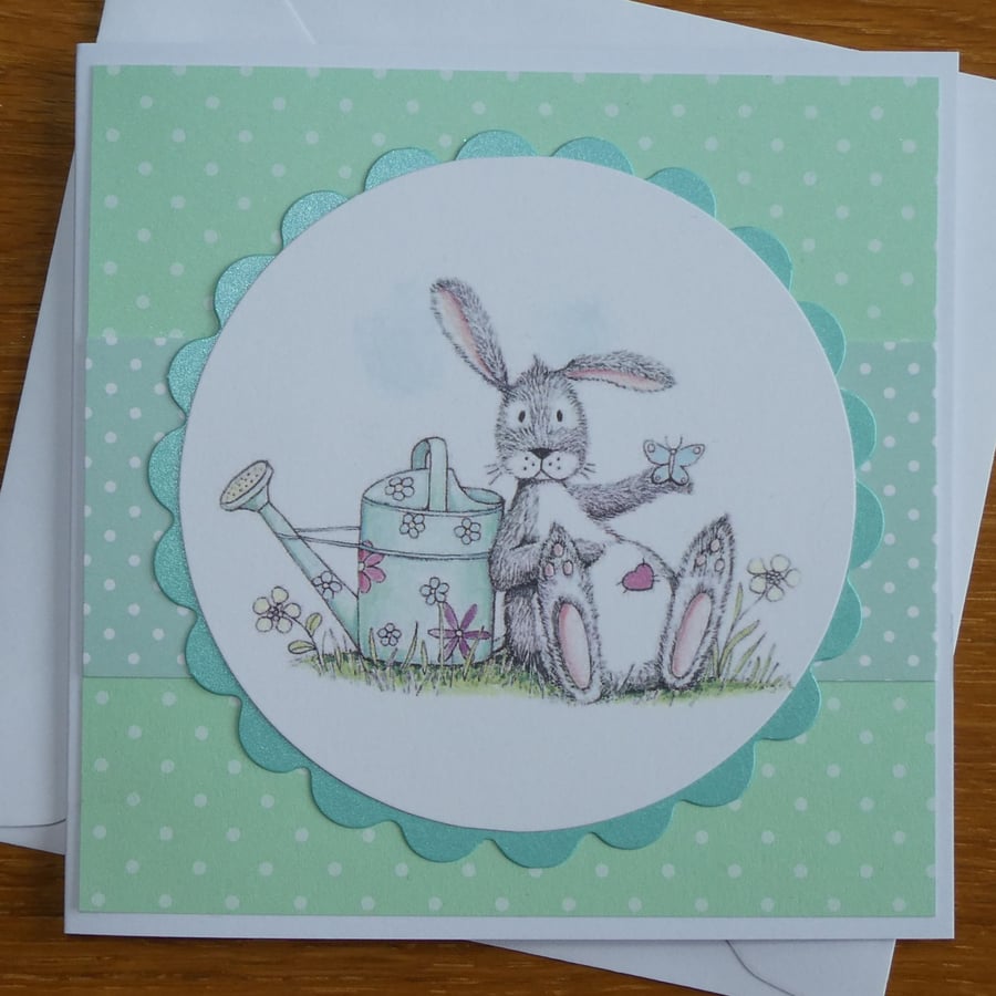 Blank Card - Rabbit with Watering Can - Birthday, Easter, Good Luck, Retirement
