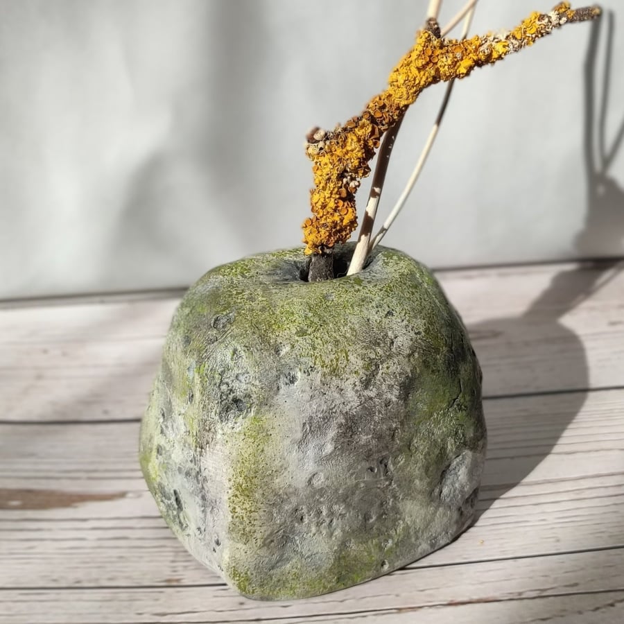 Mossy Stone Clay Vessel, Hand Painted Bud Vase, Wabi Sabi Home Decor