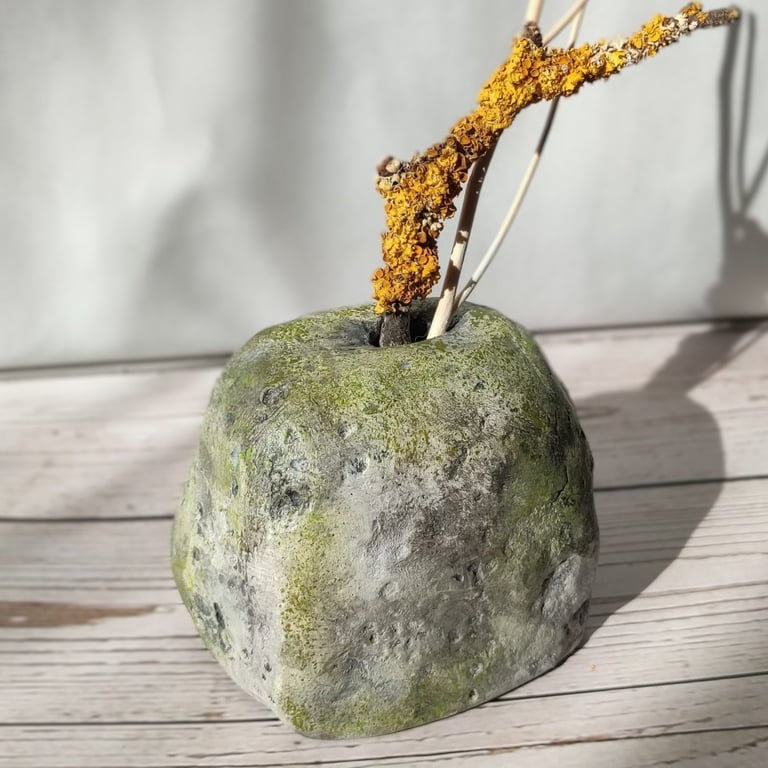 Mossy Stone Clay Vessel, Hand Painted Bud Vase, Wabi Sabi Home Decor
