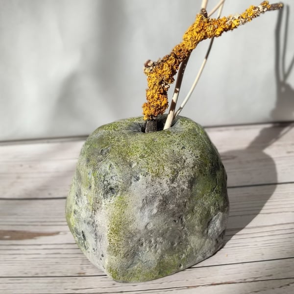 Mossy Stone Clay Vessel, Hand Painted Bud Vase, Wabi Sabi Home Decor
