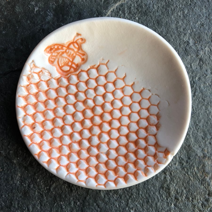 Porcelain bowl, dipping honeycomb and bee orange white The Porcelain Menagerie