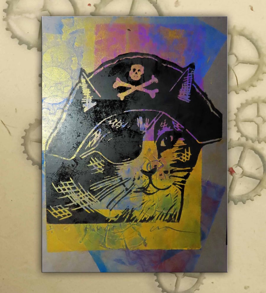 Pirate Cat One off Hand-Pulled Linocut & Gelli Print Grey
