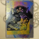 Pirate Cat One off Hand-Pulled Linocut & Gelli Print Grey