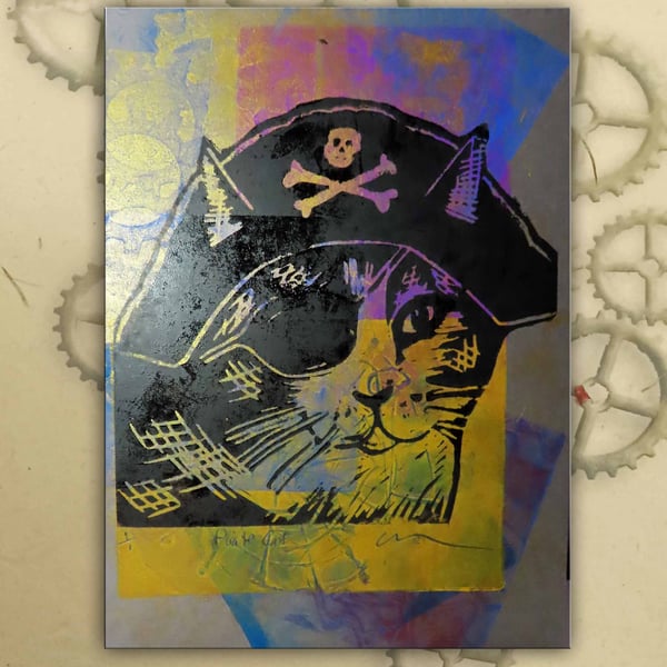Pirate Cat One off Hand-Pulled Linocut & Gelli Print Grey