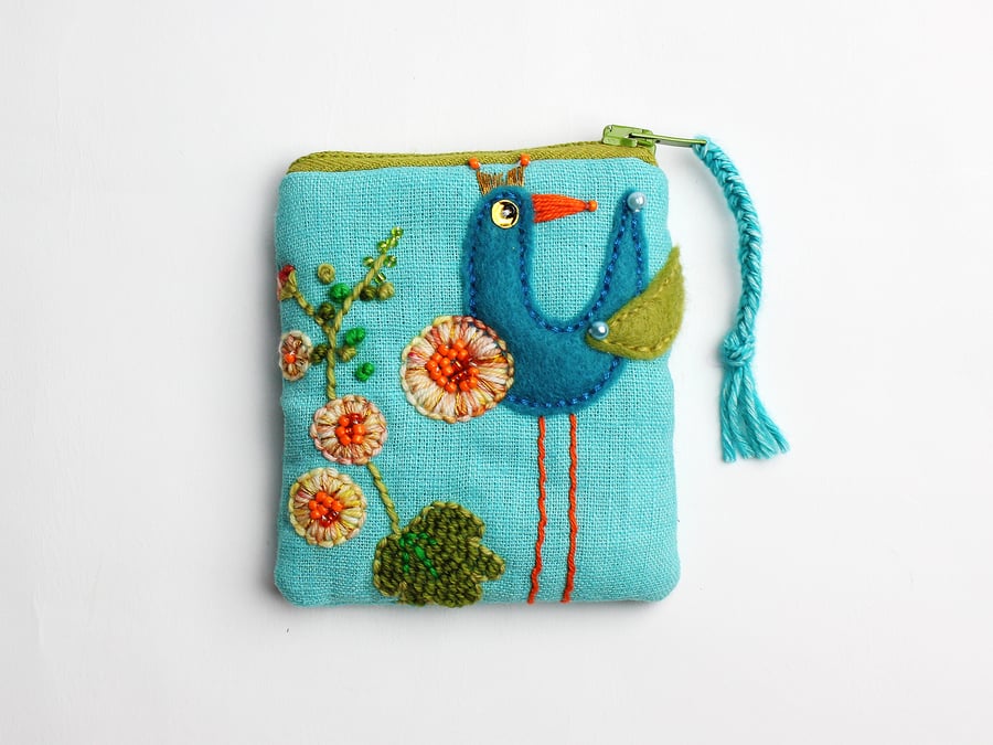 Turquoise linen coin purse with hand embroidered bird and hollyhock
