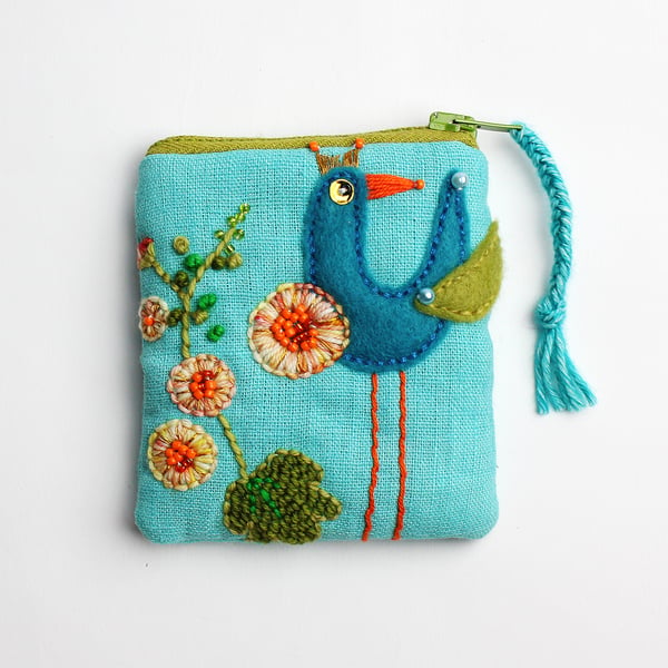 Turquoise linen coin purse with hand embroidered bird and hollyhock