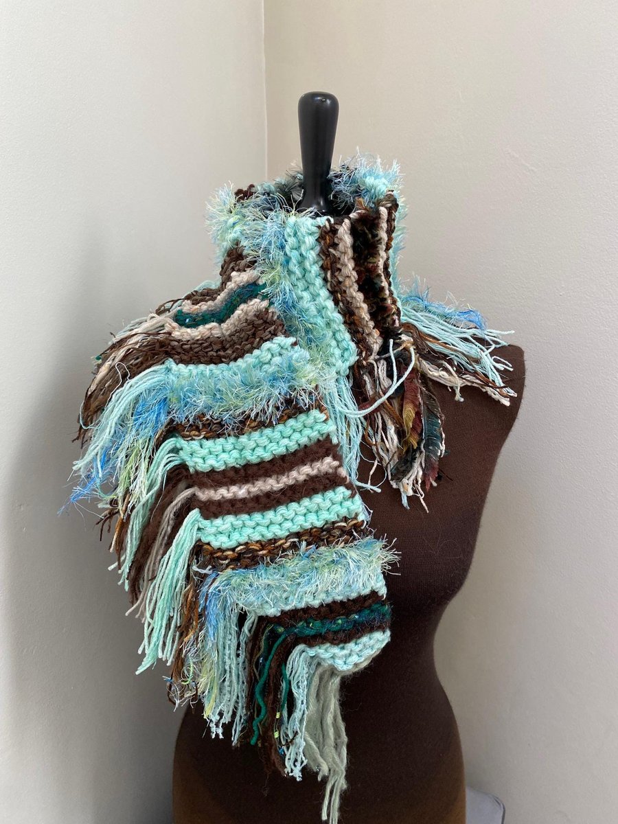 Hand Knitted Textured Scarf with Fringe, Chunky Mint, chocolate browns