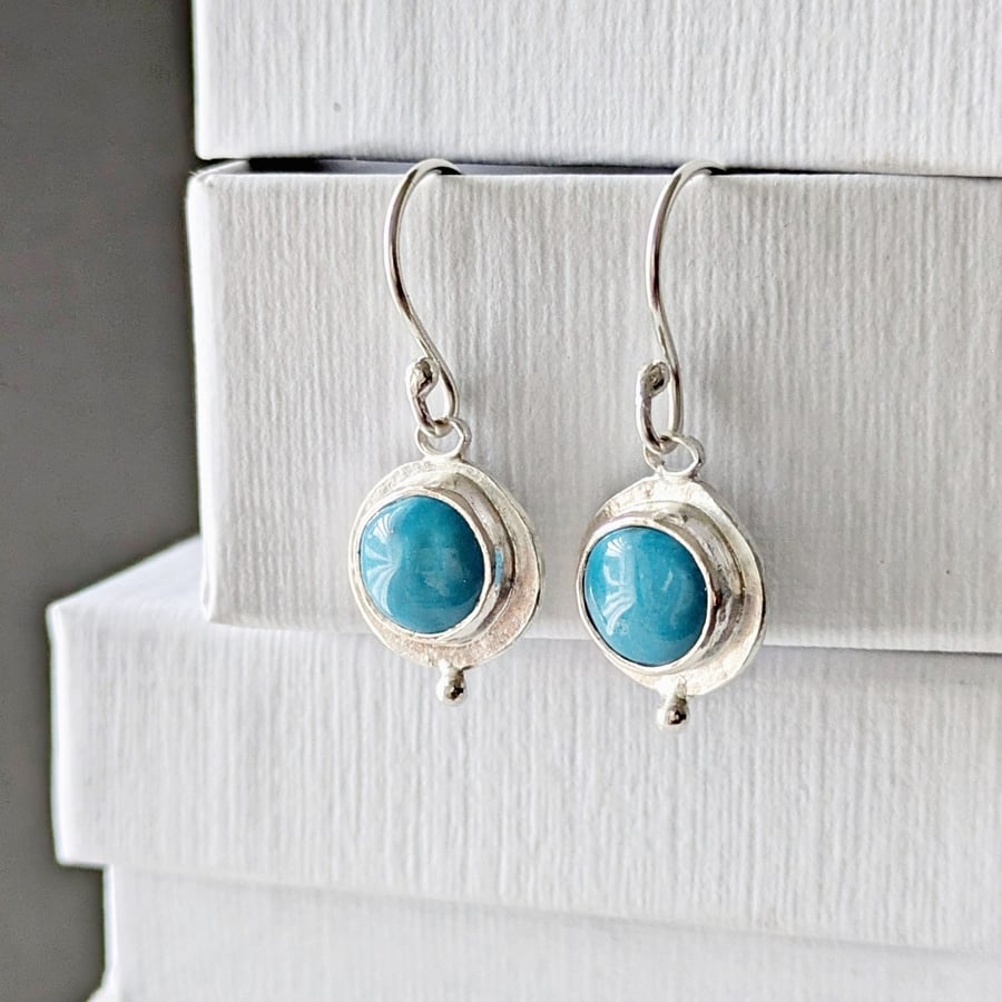 Sterling silver and blue enamel round dangle earrings