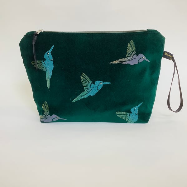 Green Hummingbirds Velvet Makeup Bag