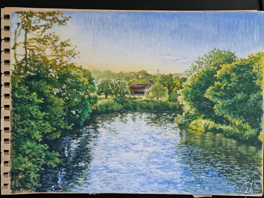 Llandaff Sunset original oil pastel drawing