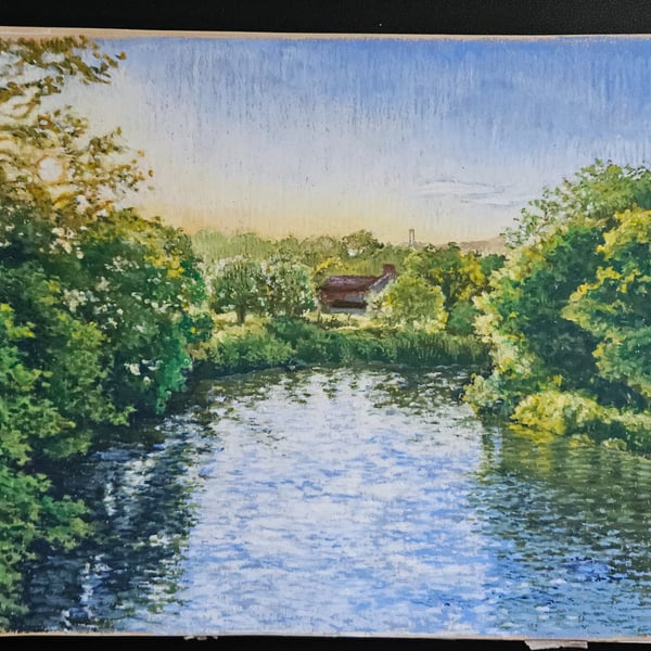 Llandaff Sunset original oil pastel drawing