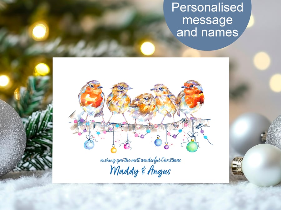 Robin Christmas Card, personalised message and names, 2 sizes