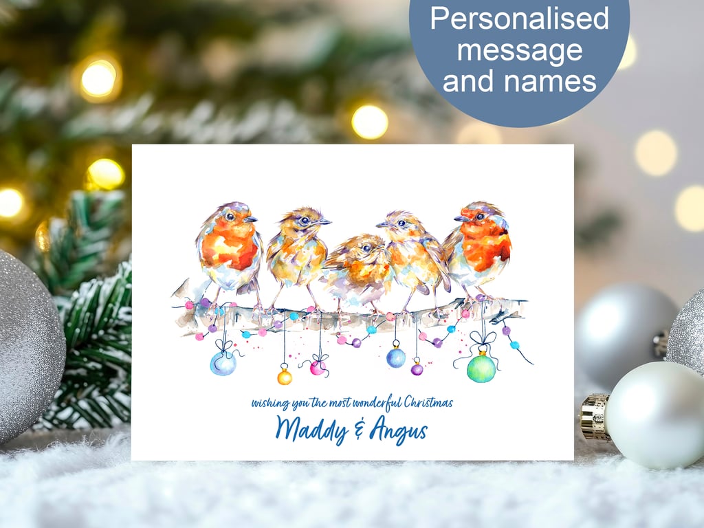 Robin Christmas Card, personalised message and names, 2 sizes