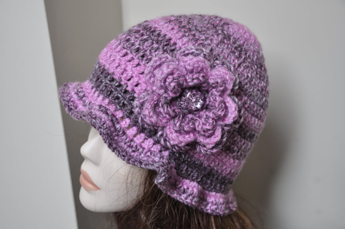 Hand Crocheted 1920s Flapper Hat Beanie Pink Purple Crochet Flower