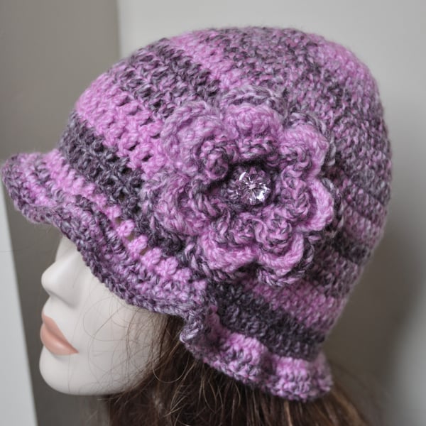 Hand Crocheted 1920s Flapper Hat Beanie Pink Purple Crochet Flower